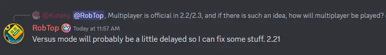 RobTop saying Geometry Dash 2.2's Versus Mode will be delayed.