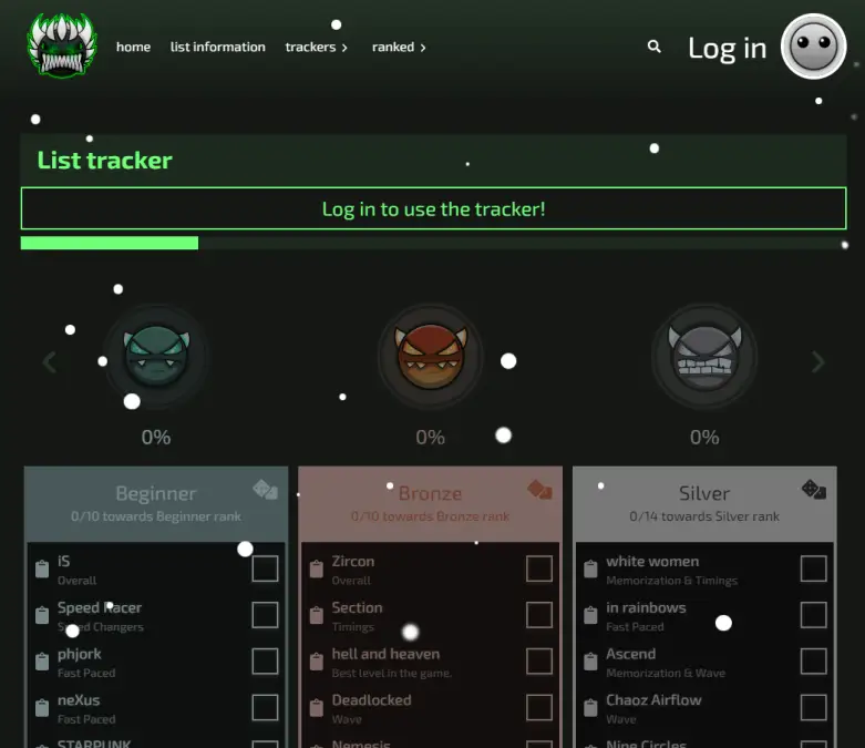 Geometry Dash Demon Progression's user interface. It has some holiday snow on it for the month of December!