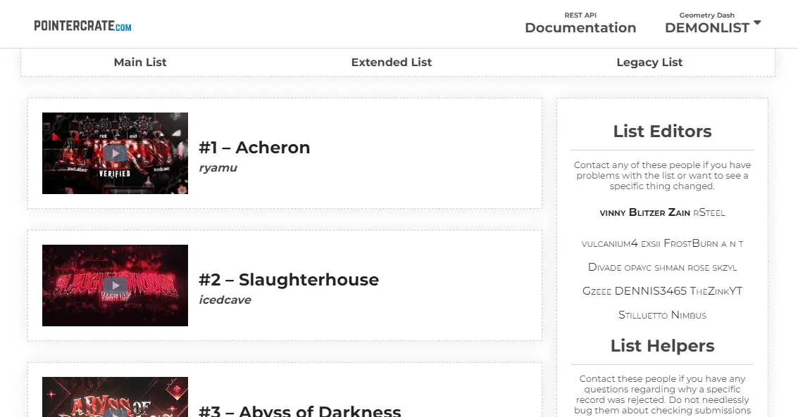 Demon List's user interface